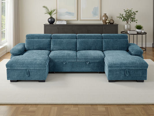 Hudson U Shape Storage Sofa Bed - Blue
