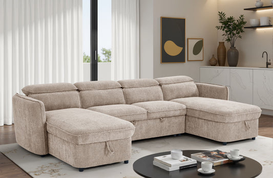 Capri U Shape Sofa Bed With Storage – Beige – Pull Out Sleeper