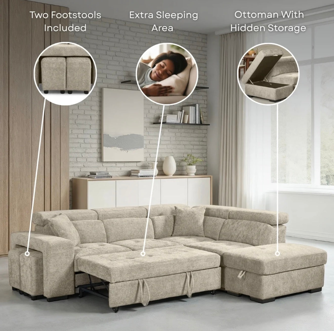 Amelia Light Beige Chenille Fabric Corner Sofa Bed with Storage and Ottomans