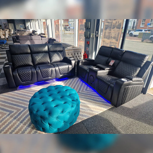 Florida Music Electric Recliners 3+2 Seater Leather Sofa Black - Blutooth Speakers - LED LIGHTS - USB CHARGER