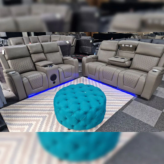 Florida Music Electric Recliners 3+2 Seater Leather Sofa Grey - Blutooth Speakers - LED LIGHTS - USB CHARGER