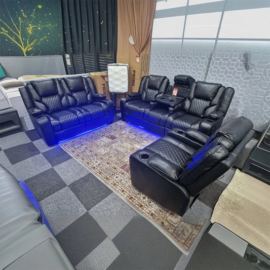 Orlando Electric Recliners 3+2 Seater Leather Sofa Black - Led Lights - Wireless Charger