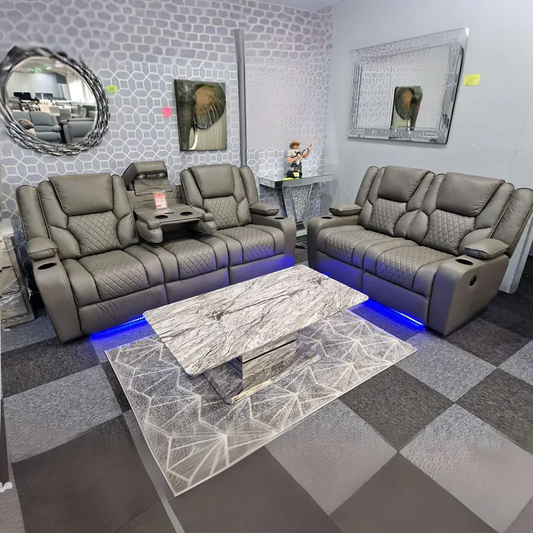 Orlando Electric Recliners 3+2 Seater Leather Sofa Grey - Led Lights - Wireless Charger