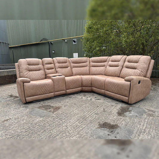 Halifax Leather Electric Recliner Corner Sofa Beige - USB Ports - LED LIGHTS - CUP HOLDERS