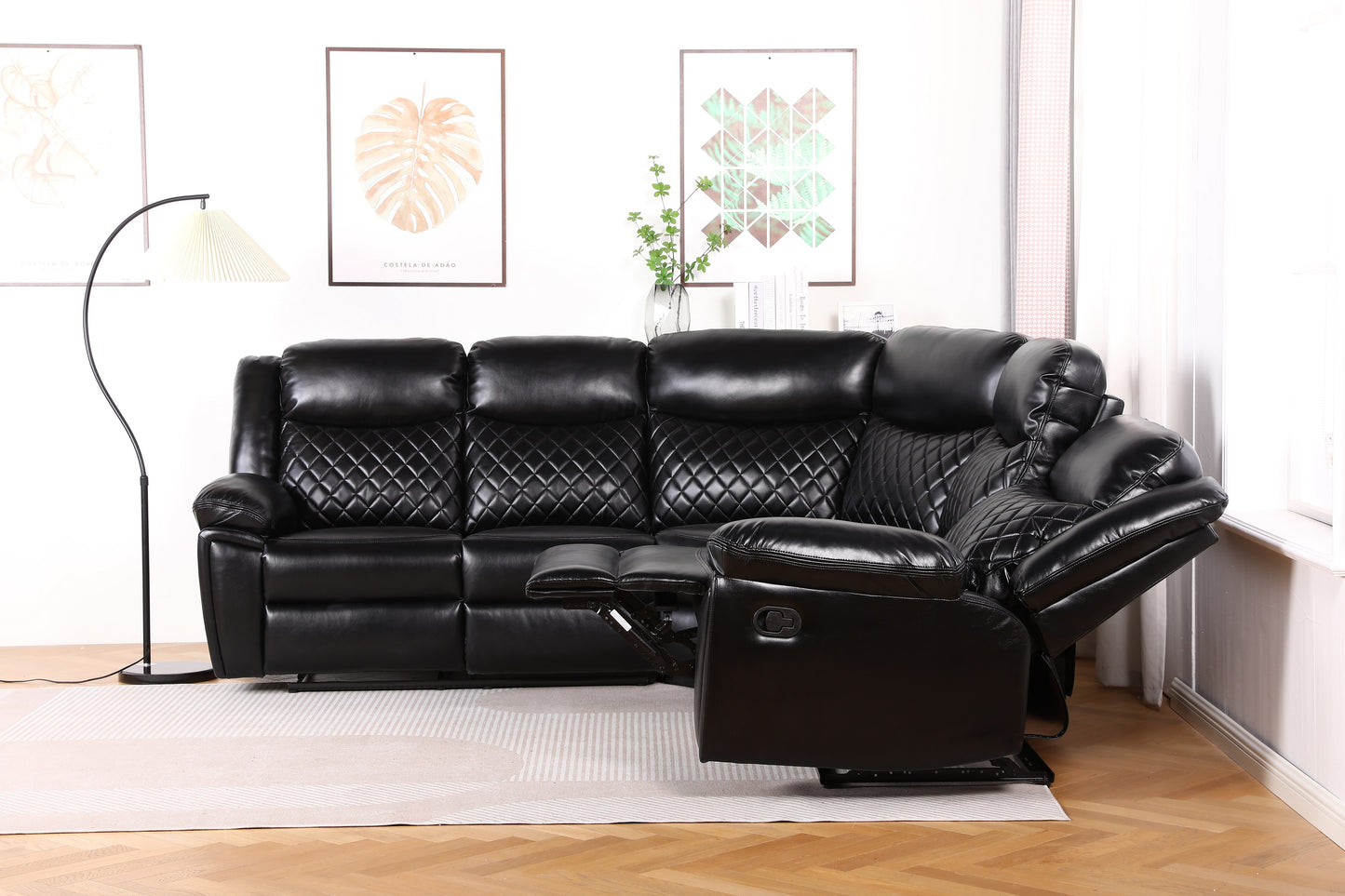 Myra Recliner Leather Large Corner Sofa Set - Black