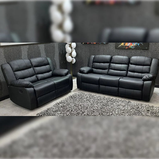 Roma Leather Recliner Sofa with Cupholders - 3+2 Seater Sofa Black