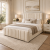 Aveline Channel Bed Frame In Plush Cream, Showing The Headboard And Footboard In A Neutral Bedroom