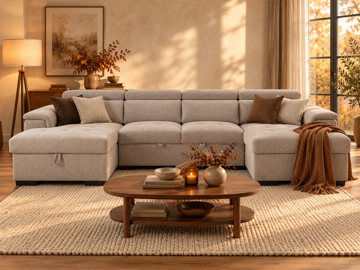 Beige Alaya U-shaped storage sofa bed styled in a cosy autumn living room with warm ivory walls and a cinnamon throw