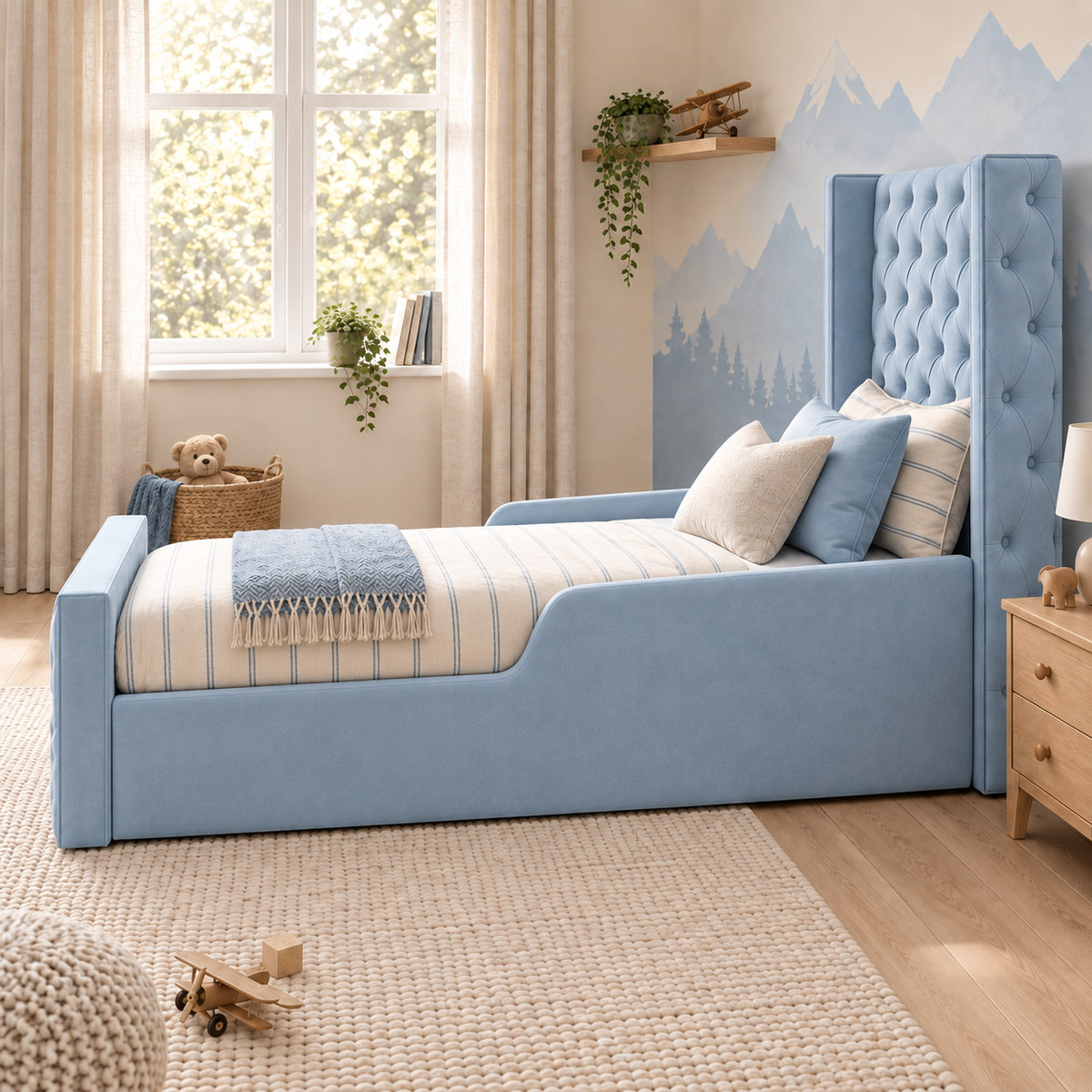 Arlo Kids Bed Frame in soft sky blue, right angle view, shown with optional safety side rails