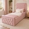 Fleur Kids Bed Frame in fresh blush pink, styled bedroom main view, shown with optional safety side rails