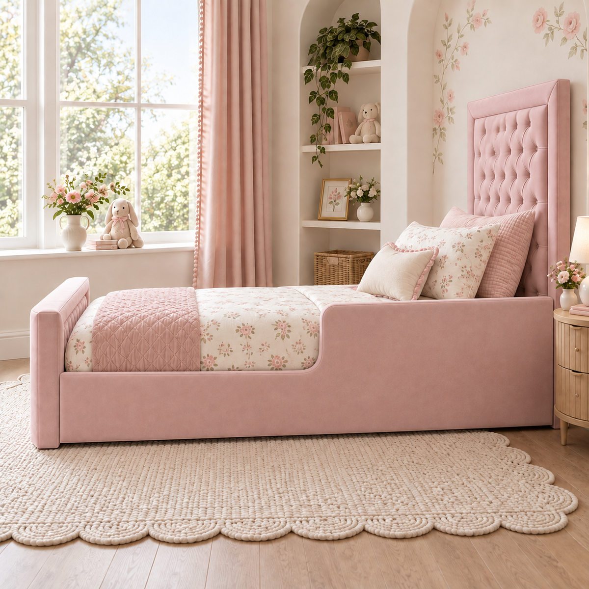 Fleur Kids Bed Frame in fresh blush pink, right angle view, shown with optional safety side rails