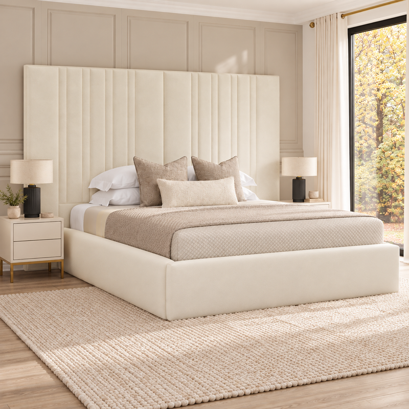 Chateaux upholstered bed in a softly styled bedroom