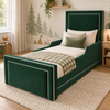 Oakley Kids Bed Frame in soft deep emerald green, styled bedroom main view, shown with optional safety side rails