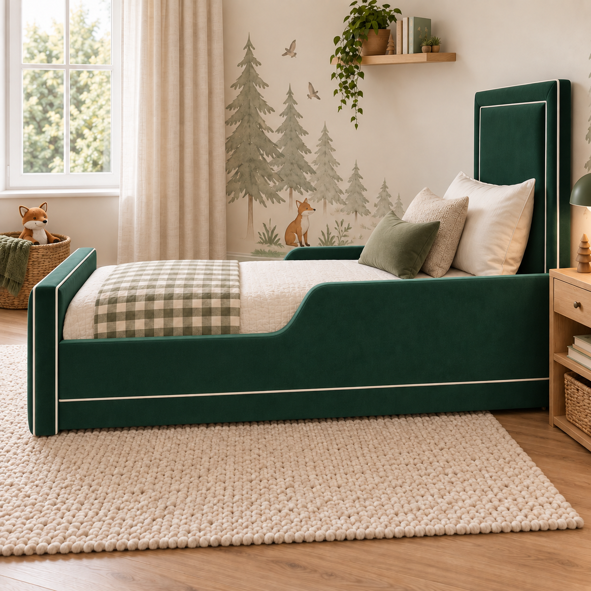 Oakley Kids Bed Frame in soft deep emerald green, right angle view, shown with optional safety side rails