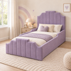 Elodie Kids Bed Frame in soft muted purple, styled bedroom main view, shown with optional safety side rails