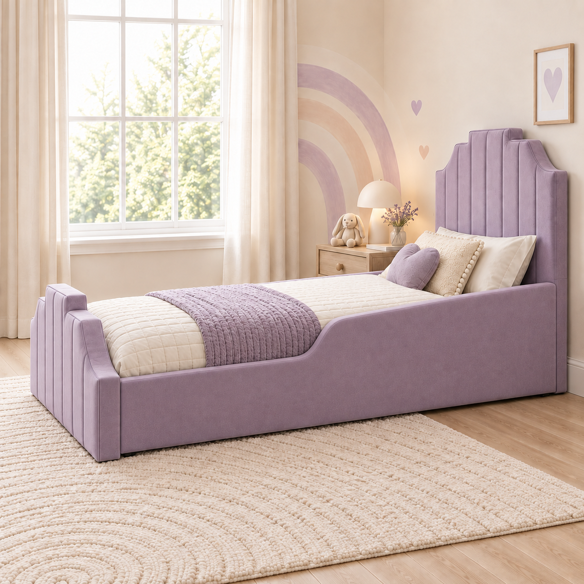 Elodie Kids Bed Frame in soft muted purple, right angle view, shown with optional safety side rails