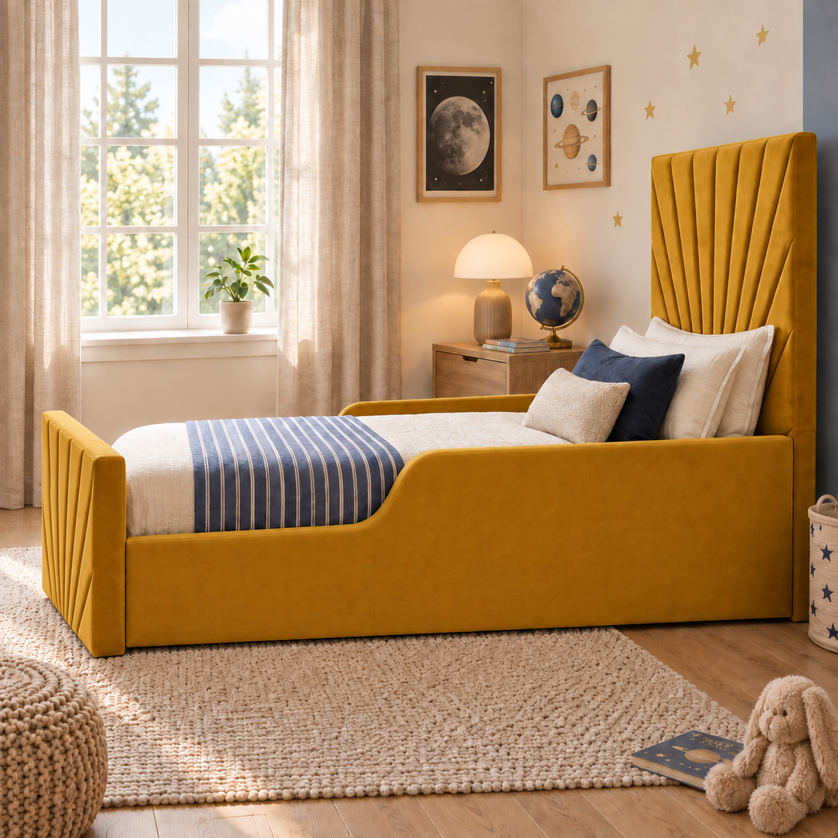 Orion Kids Bed Frame in warm ochre mustard, right angle view with straight footboard and optional safety side rails