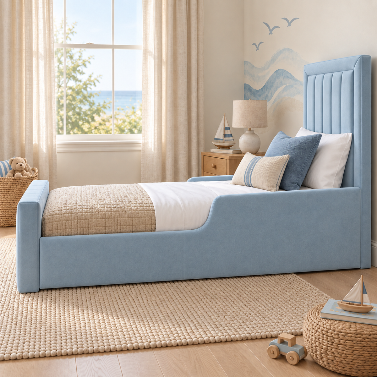 Cove Kids Bed Frame in pale ice blue, right angle view, shown with optional safety side rails