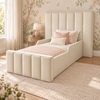 Maribel Kids Bed Frame in warm buttery cream, styled bedroom main view, shown with optional safety side rails