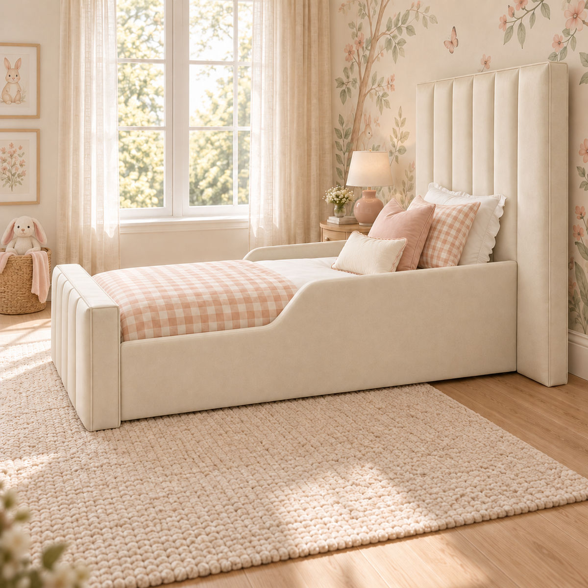 Maribel Kids Bed Frame in warm buttery cream, right angle view, shown with optional safety side rails
