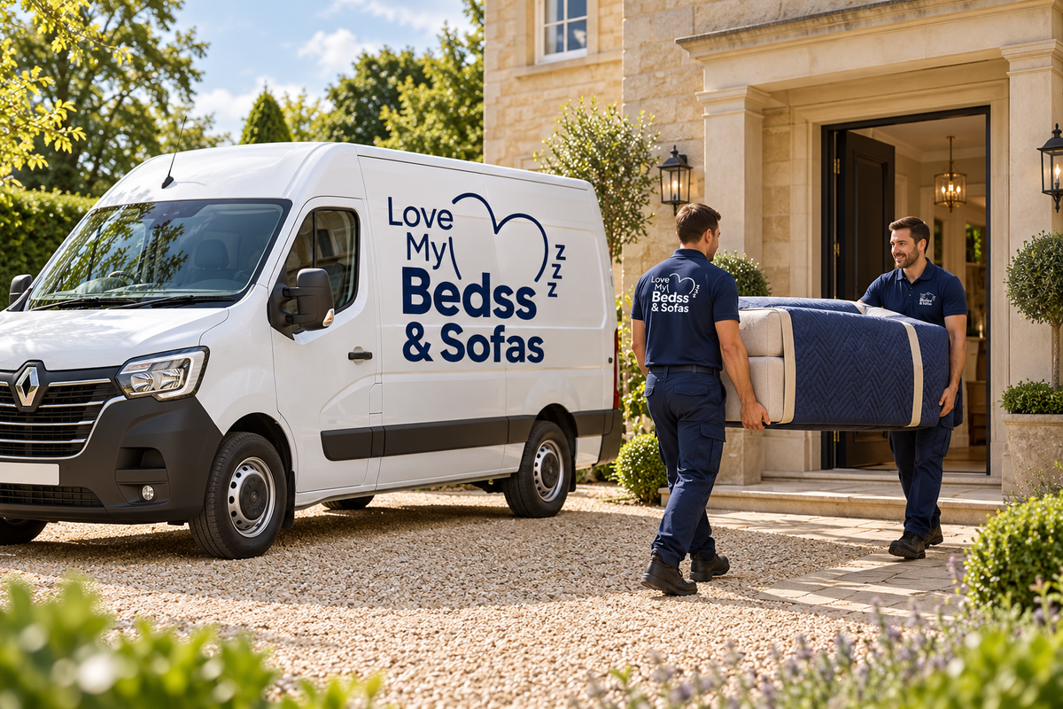 Illustrative LoveMyBedss & Sofas delivery scene with a branded Renault Master outside a luxury home.