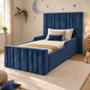Cosmo Kids Bed Frame in rich denim blue, styled bedroom main view, shown with optional safety side rails