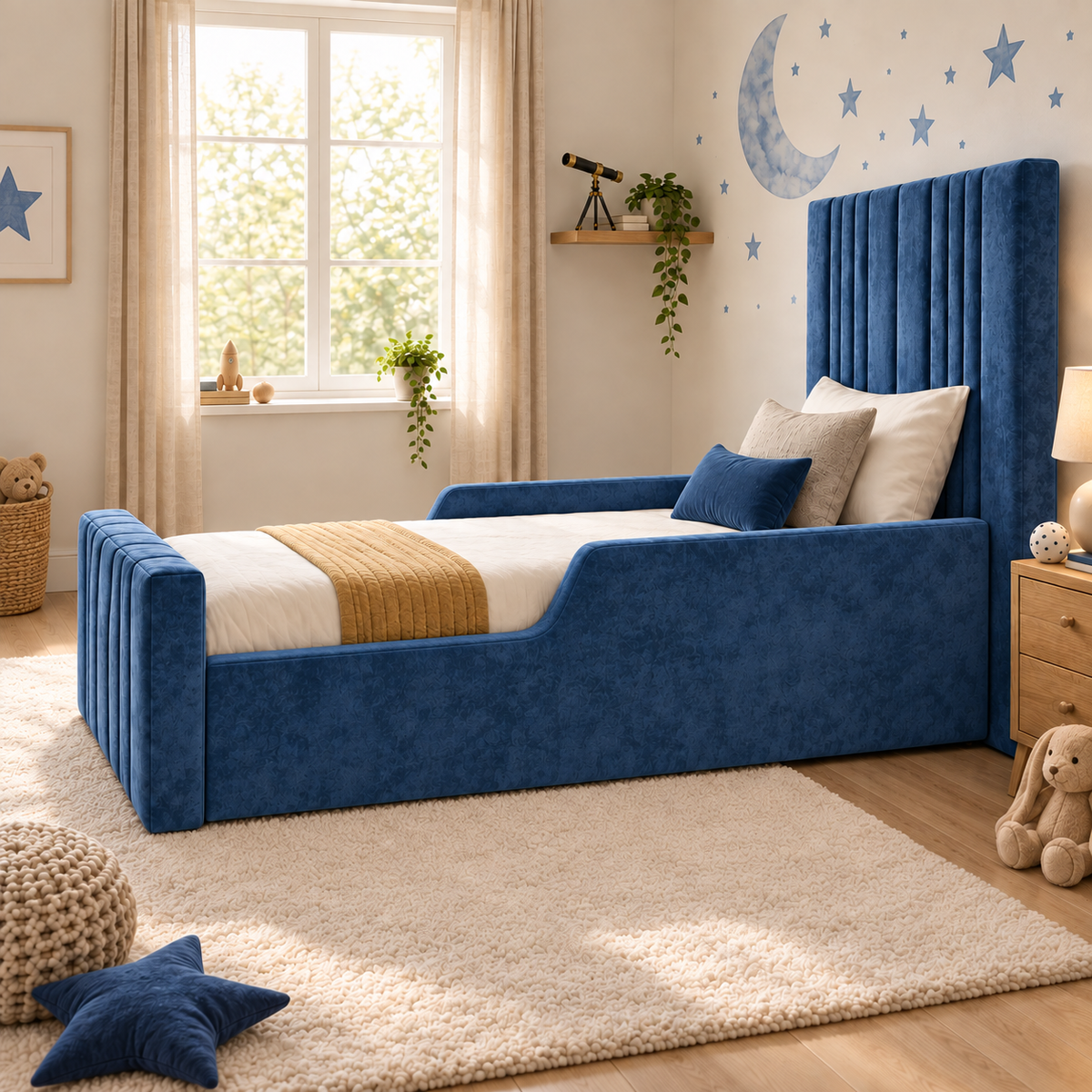 Cosmo Kids Bed Frame in rich denim blue, right angle view, shown with optional safety side rails
