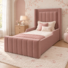 Rosalie Kids Bed Frame in soft muted rose-claret, styled bedroom main view, shown with optional safety side rails