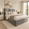 Marlowe Triple Panel Bed Frame In Plush Grey, Showing The Headboard And Footboard In A Neutral Bedroom