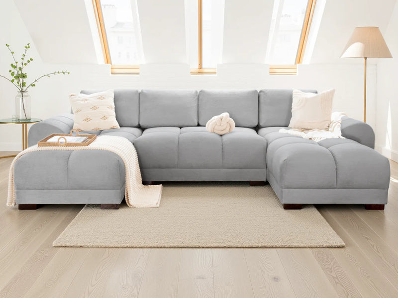 Azzuro Grey U Shape Corner Sofa - Full Back Plush Velvet - 330cm Large Sectional