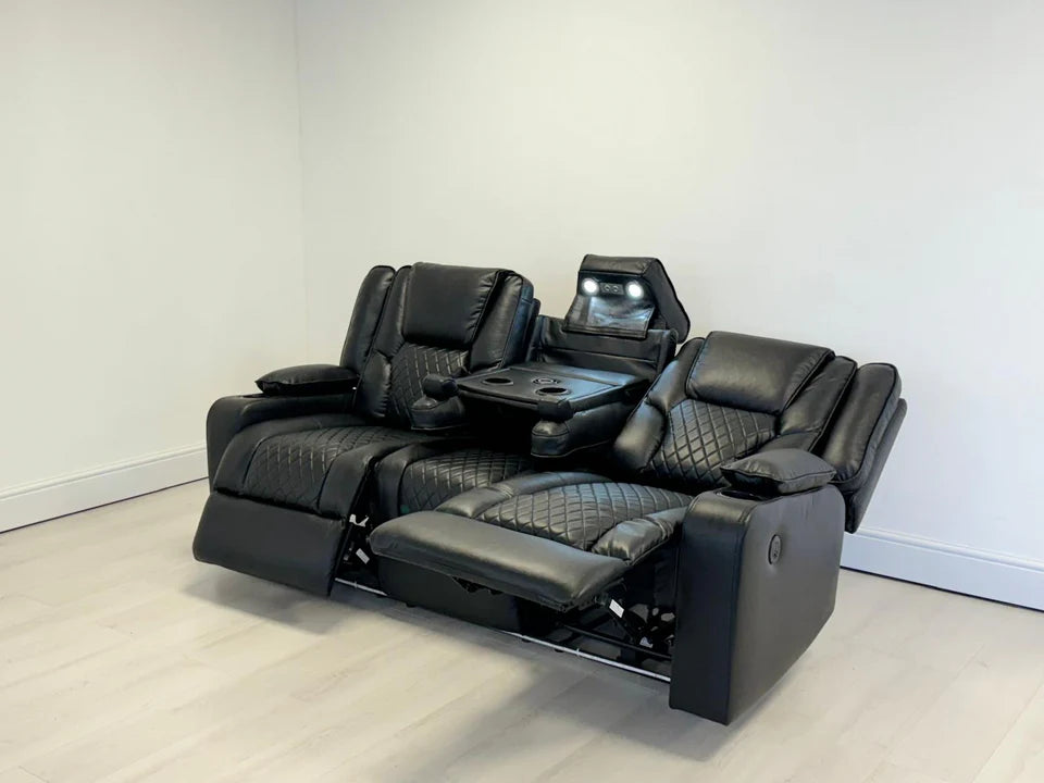 Orlando Electric Recliners 3+2 Seater Leather Sofa Black - Led Lights - Wireless Charger