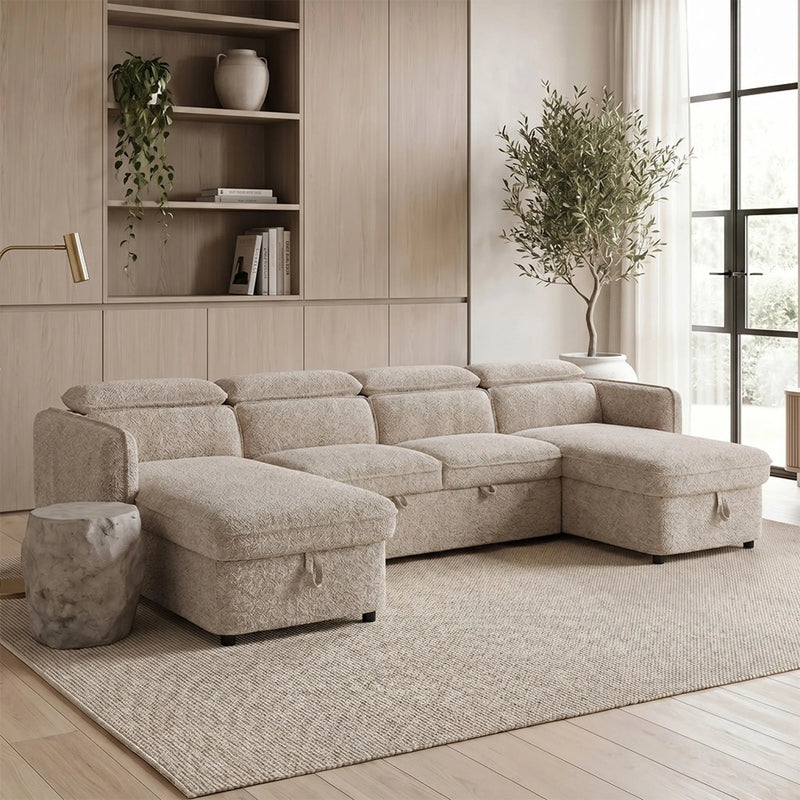 Capri U Shape Sofa Bed With Storage - Beige