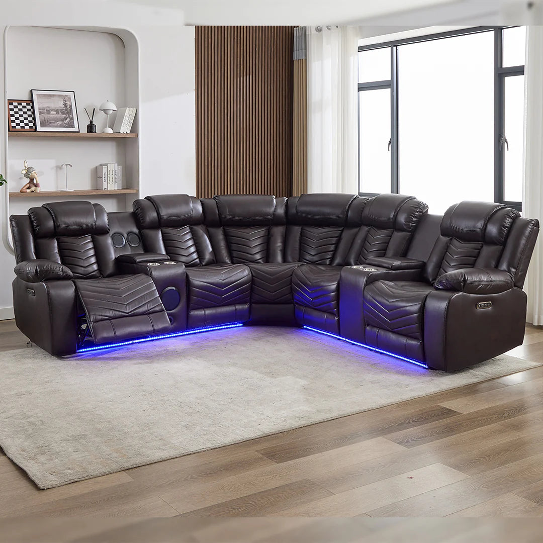 Zeus Leather Electric Recliner Corner Sofa - Brown