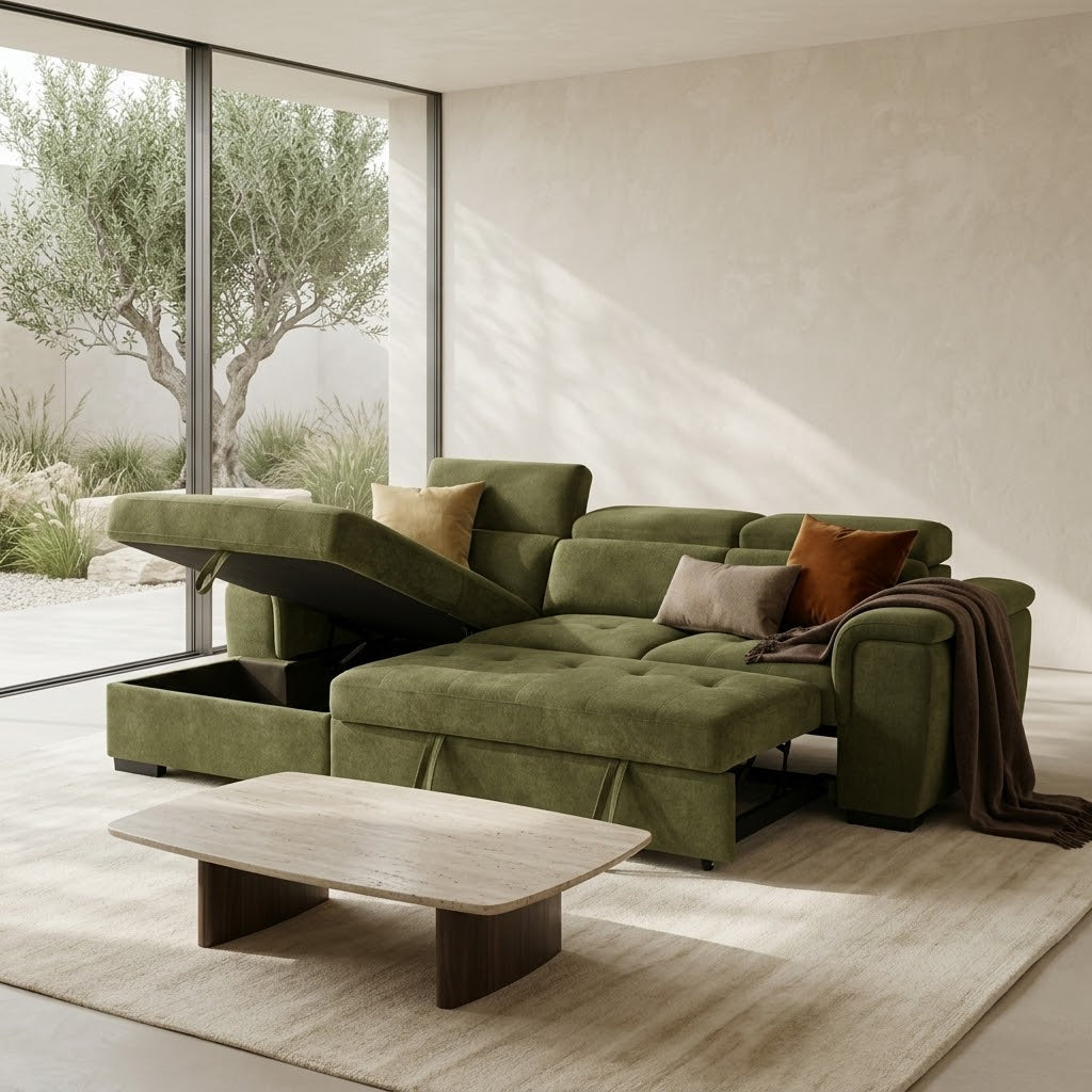 Alaya Storage L Shape Sofa Bed - Olive Green