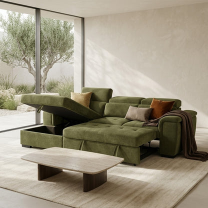 Alaya Storage L Shape Sofa Bed - Olive Green