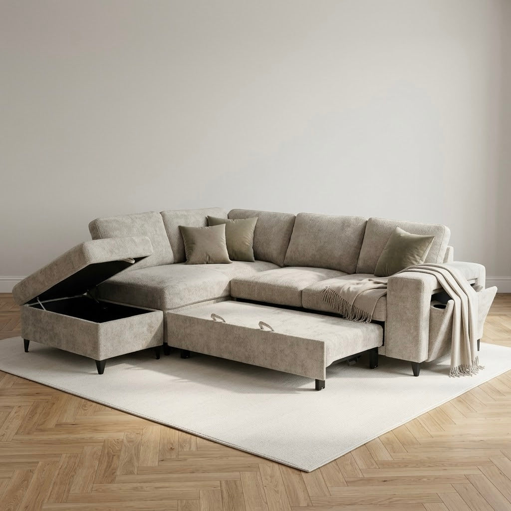 Elara Beige Chenille 1C2 Left Hand Corner Sofa Bed with Storage