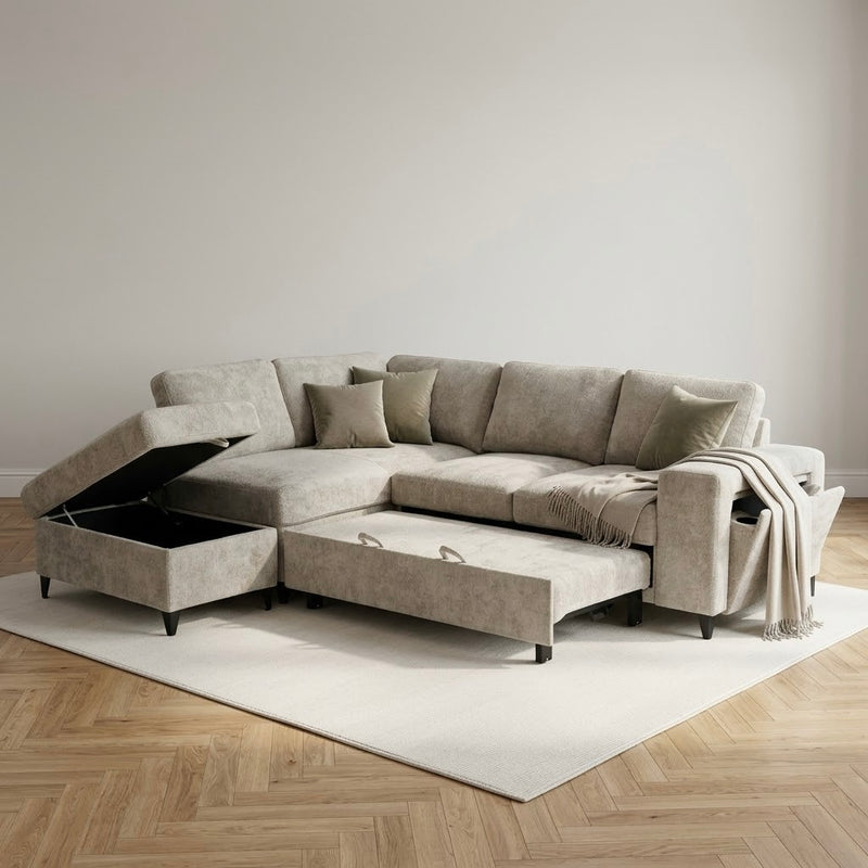 Elara Beige Chenille 1C2 Left Hand Corner Sofa Bed with Storage