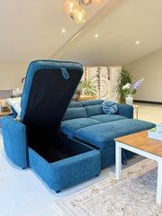 Capri Corner Sofa Bed With Storage – Blue – Universal Chaise – Pull Out Bed