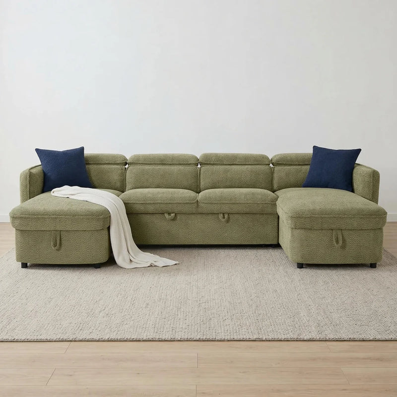 Capri U Shape Sofa Bed With Storage - Olive Green