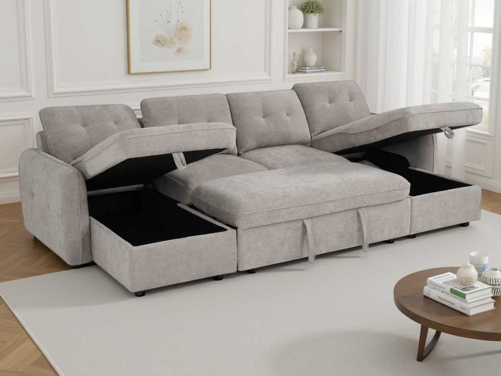 Moscow U Shaped Storage Sofa Bed - Beige