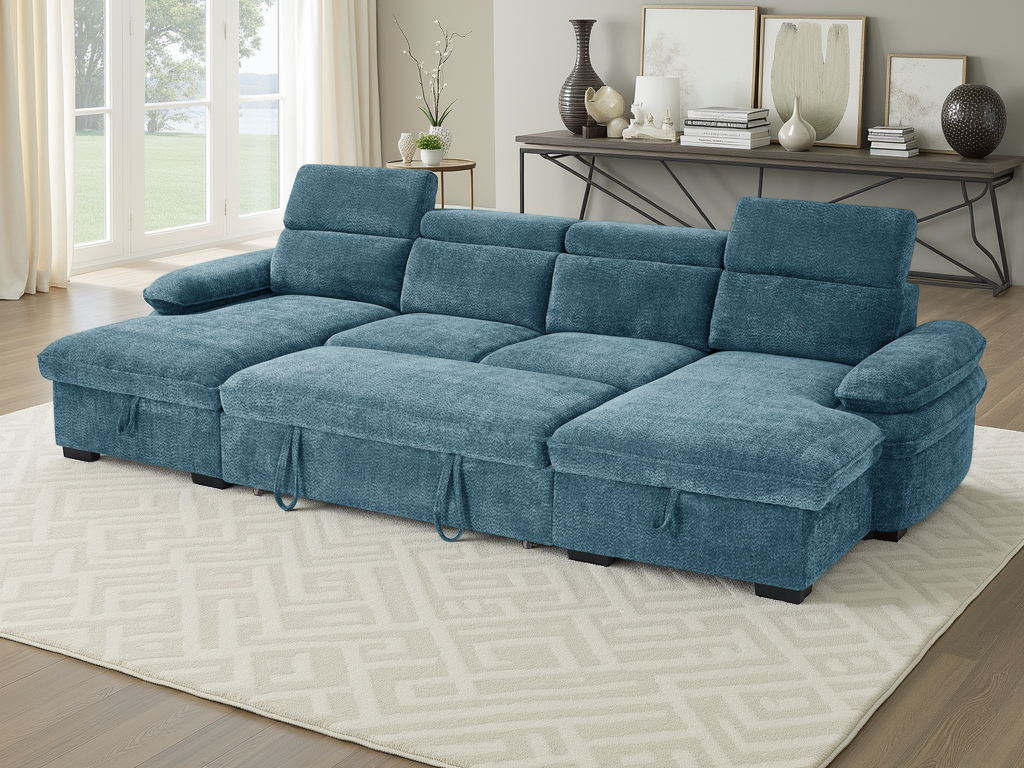 Hudson U Shape Storage Sofa Bed - Blue