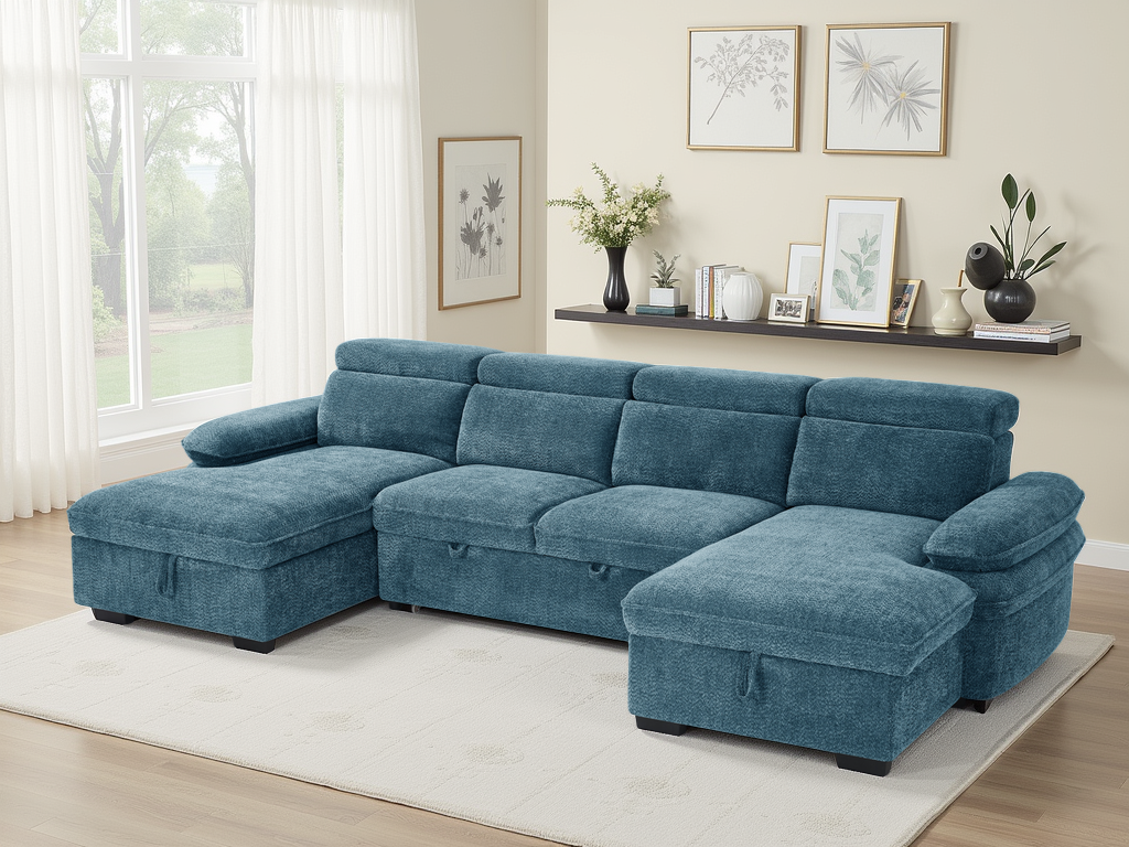 Hudson U Shape Storage Sofa Bed - Blue