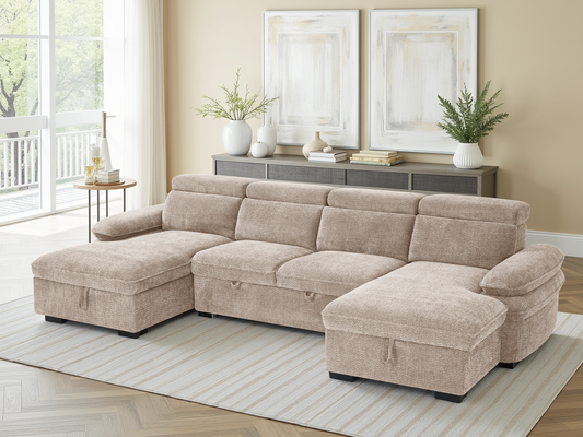 Hudson U Shape Storage Sofa Bed - Beige