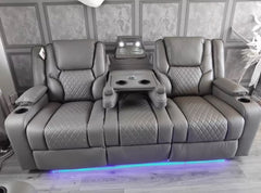 Orlando Electric Recliner 3+2 Seater Leather Sofa Grey - Led Lights - Wireless Charger