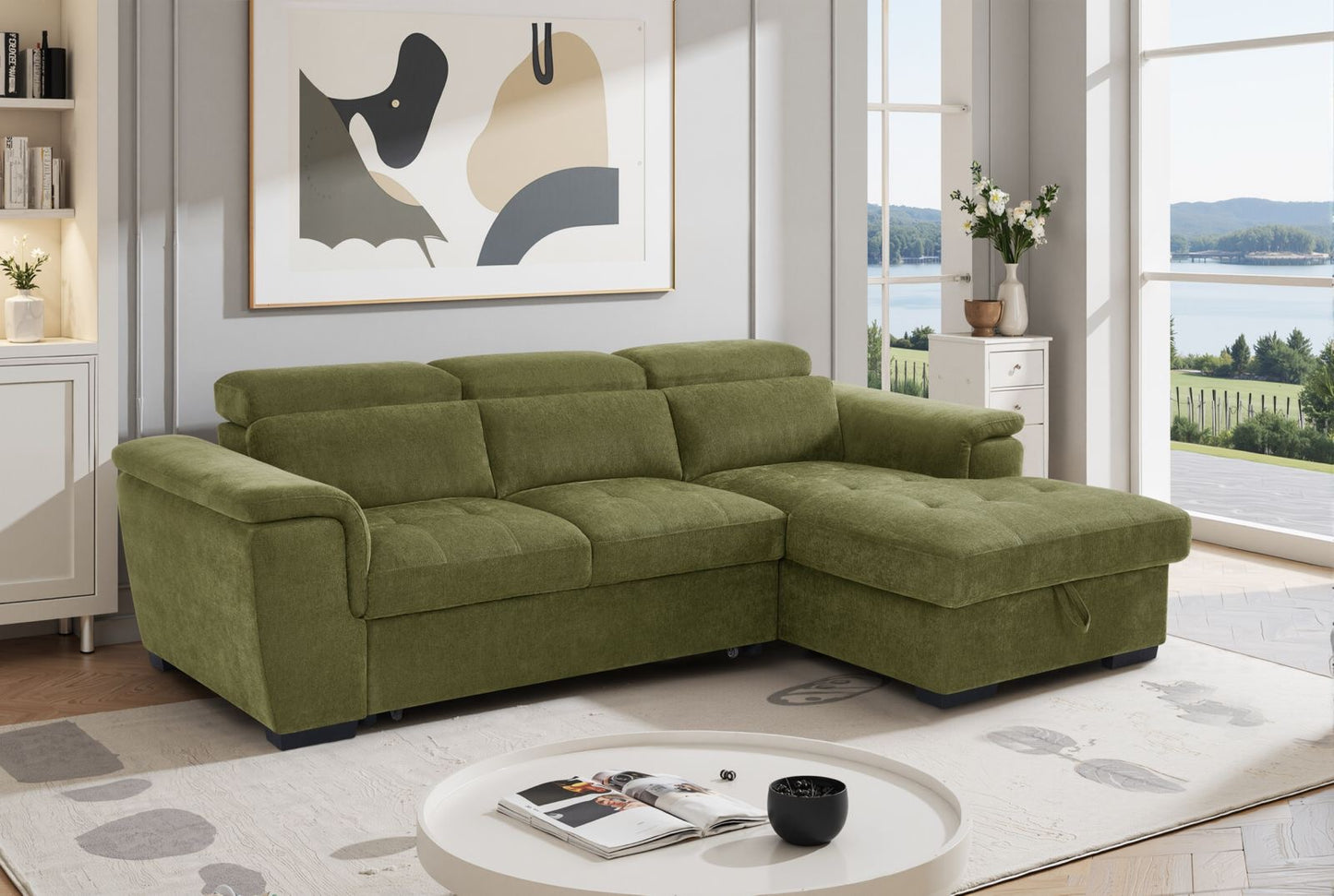 Alaya Storage L Shape Sofa Bed - Olive Green