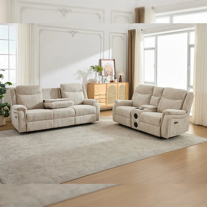 Siyara Fabric Electric Recliners Sofa - Beige With Cupholders-Cooling Cup-Holders/Bluetooth Speakers/Wireless Charging/USB Charging Ports/Storage