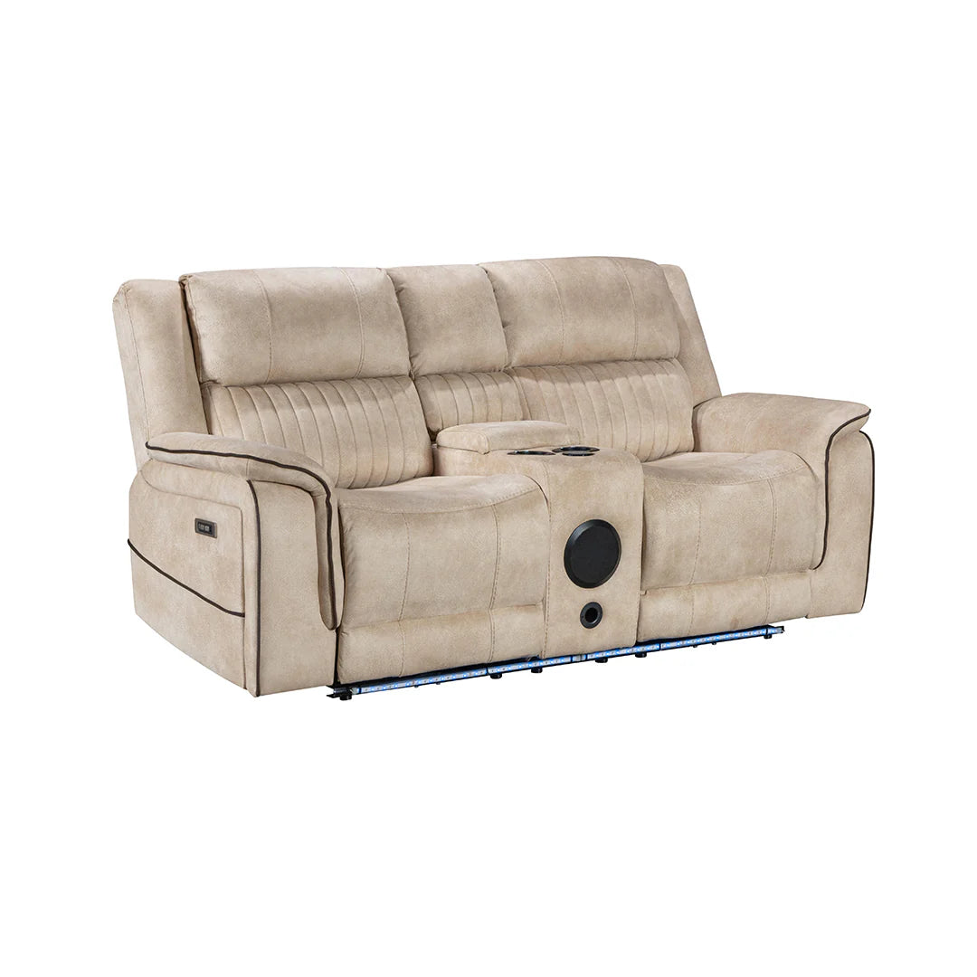 Geneva Pro Fabric Electric Recliner Sofas - Beige With Bluetooth/Cooling Cup-Holders/LED Lights