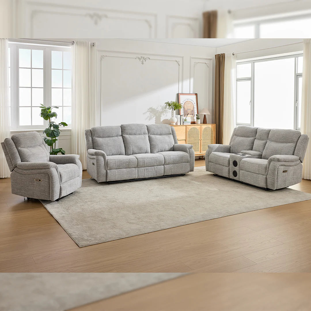 Siyara Fabric Electric Recliners Sofa - Grey With Cupholders-Cooling Cup-Holders/Bluetooth Speakers/Wireless Charging/USB Charging Ports/Storage