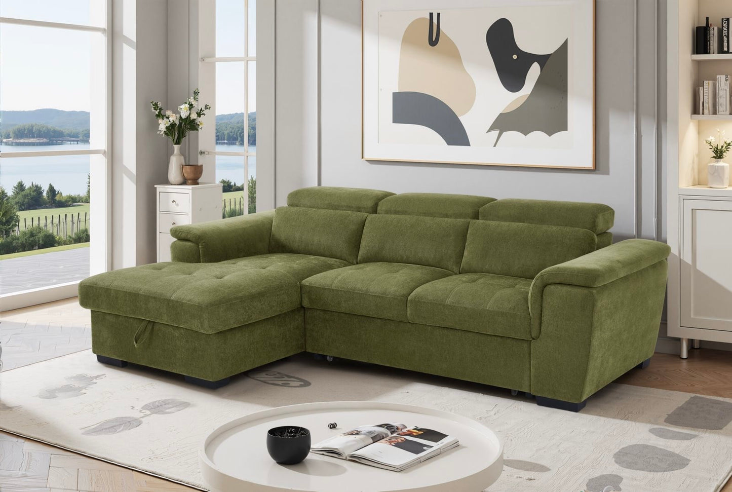 Alaya Storage L Shape Sofa Bed - Olive Green