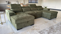 Alaya Storage U Shape Sofabed - Olive Green